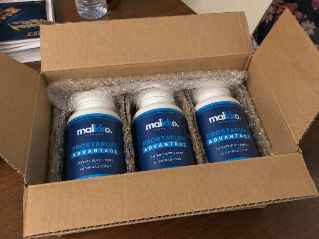 Three bottles of ProstaPure Advantage packed inside the shipping box