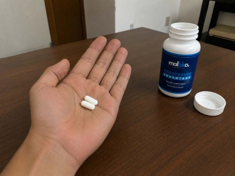 Two ProstaPure Advantage capsules in palm next to the bottle